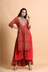 Red printed layered Kurta Palazzo Set