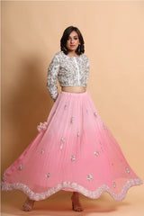 Pink shaded Embroidered Lehenga Set With Ivory Blouse