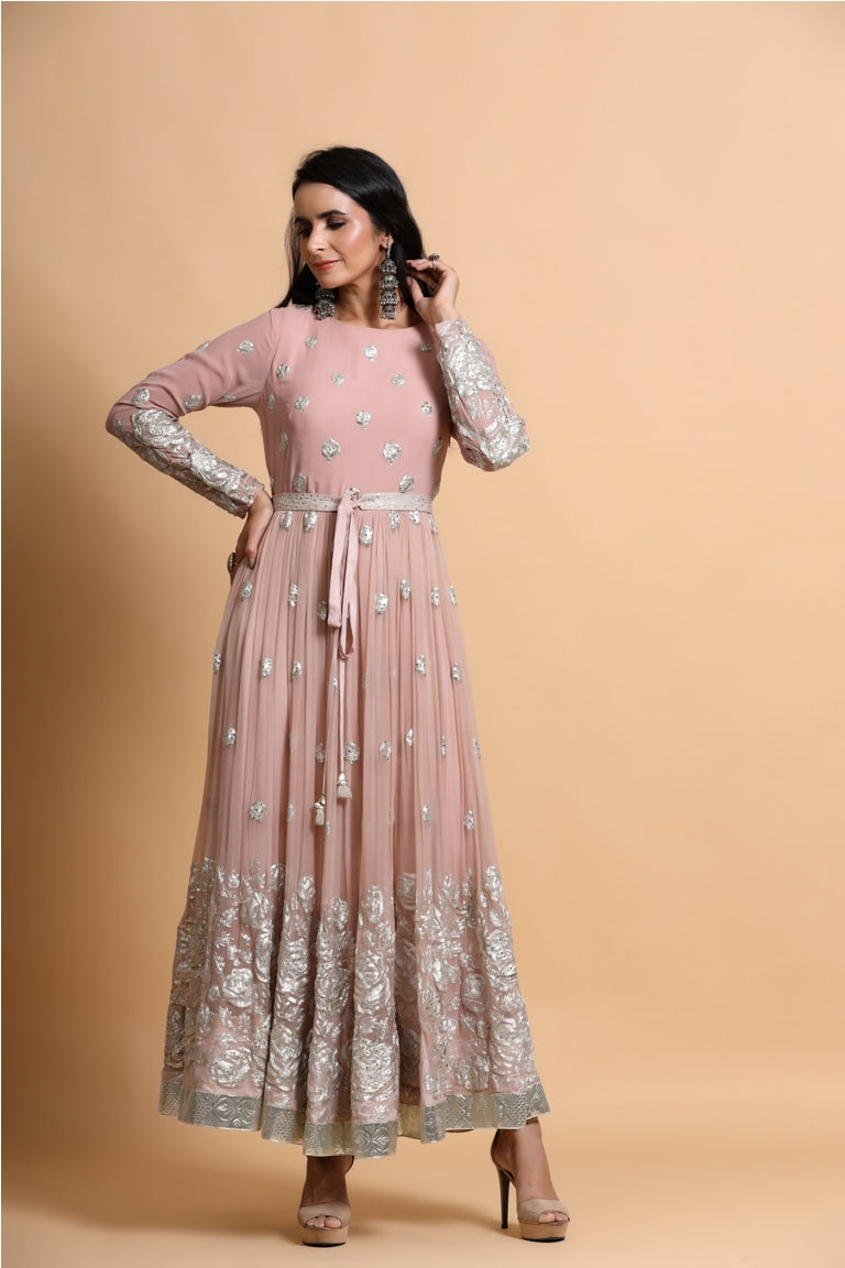 Salmon pink anarkali suit set