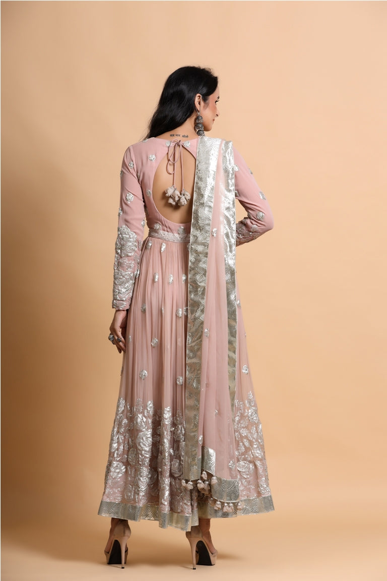 Salmon pink anarkali suit set