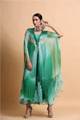 Green abstract long dress with leheriya embroidery cape