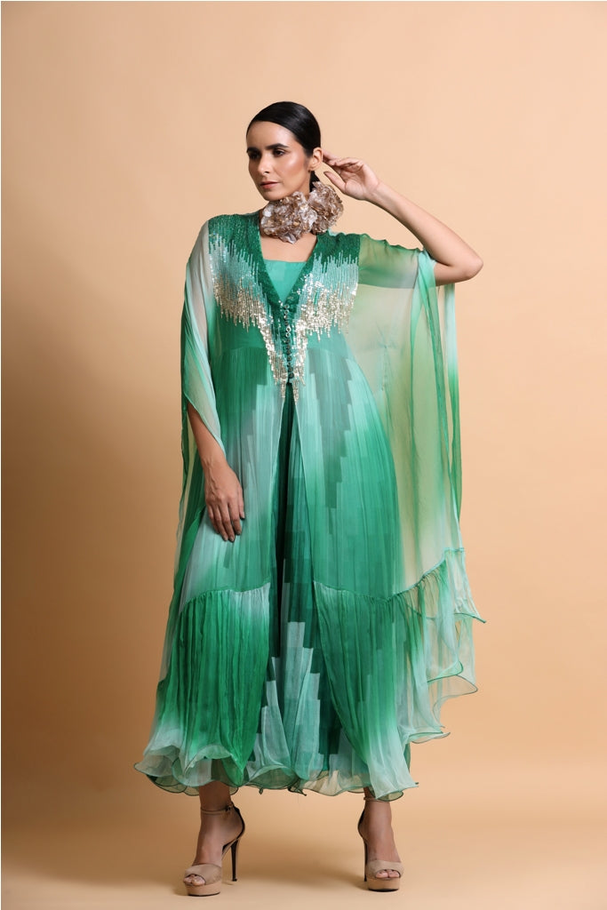 Green abstract leheriya embroidery cape