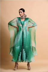 Green abstract leheriya embroidery cape