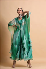 Green abstract long dress with leheriya embroidery cape