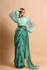 Green Embroidered Chiffon Saree with balloon sleeve blouse