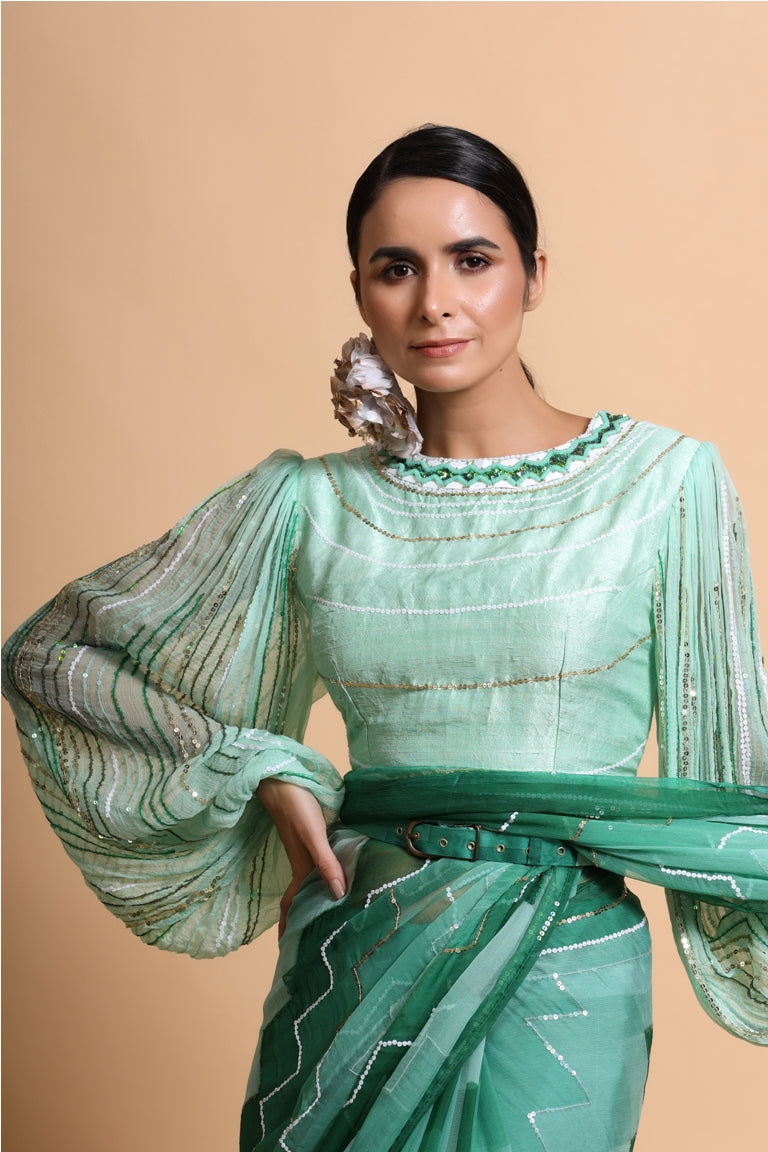 Green Embroidered Chiffon Saree with balloon sleeve blouse