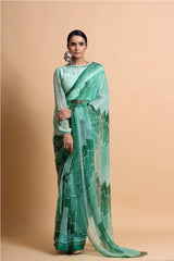 Green Embroidered Chiffon Saree with balloon sleeve blouse