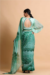 Green Embroidered Chiffon Saree with balloon sleeve blouse