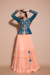 Peach Lehenga and Peplum Jacket Set-Indian wear-Pallavi Jaipur