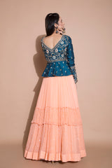 Peach Lehenga and Peplum Jacket Set-Indian wear-Pallavi Jaipur