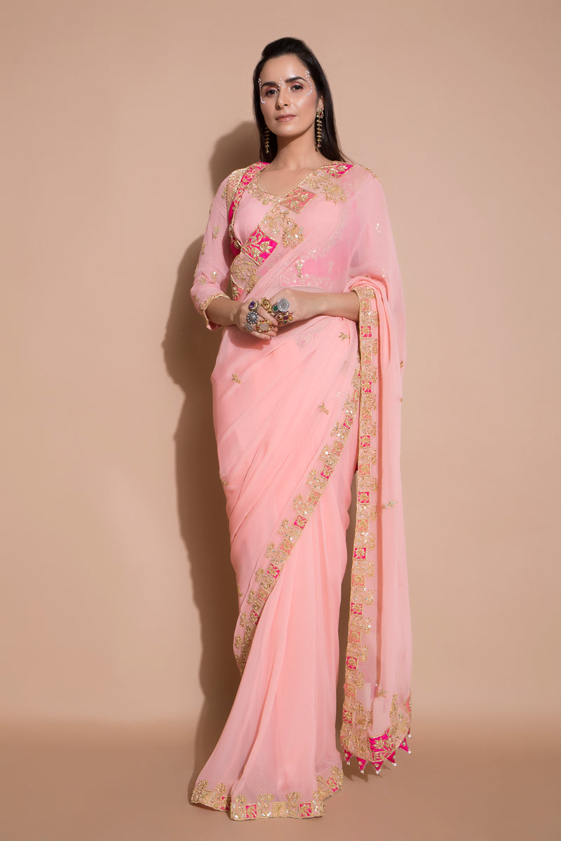 Pink Embroidered Saree with 2 Piece Blouse-Indian wear-Pallavi Jaipur