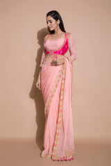 Pink Embroidered Saree with 2 Piece Blouse-Indian wear-Pallavi Jaipur