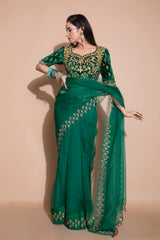 Emerald Green Embroidered Saree-Indian wear-Pallavi Jaipur