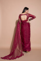 Beetroot Organza Saree with Blouse-Indian wear-Pallavi Jaipur