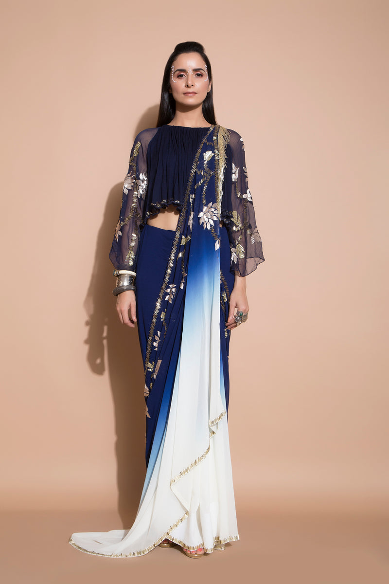 Embroidered Saree with Boho Kimono Sleeve Blouse-Indian wear-Pallavi Jaipur