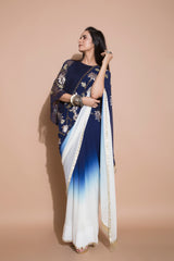 Embroidered Saree with Boho Kimono Sleeve Blouse-Indian wear-Pallavi Jaipur