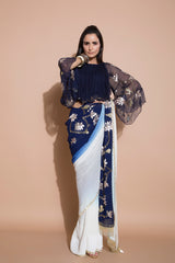 Embroidered Saree with Boho Kimono Sleeve Blouse-Indian wear-Pallavi Jaipur