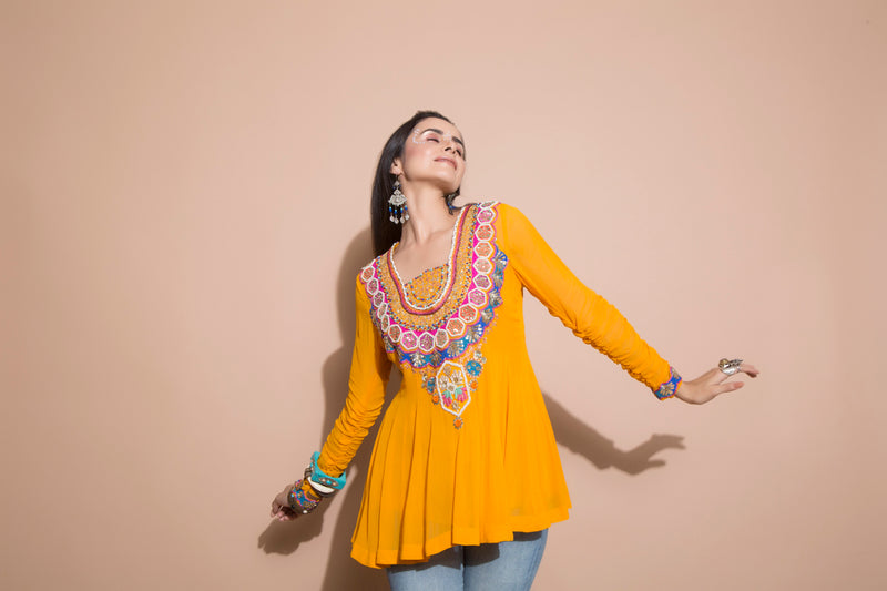 Embroidered Tangerine Tunic-Indo Western-Pallavi Jaipur