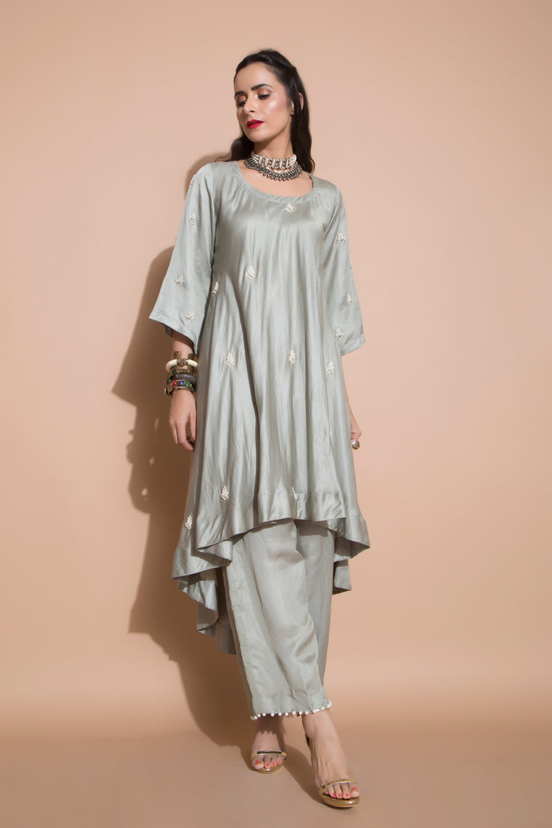 Linen Satin Kurta with Culottes and Organza Dupatta-Indian wear-Pallavi Jaipur