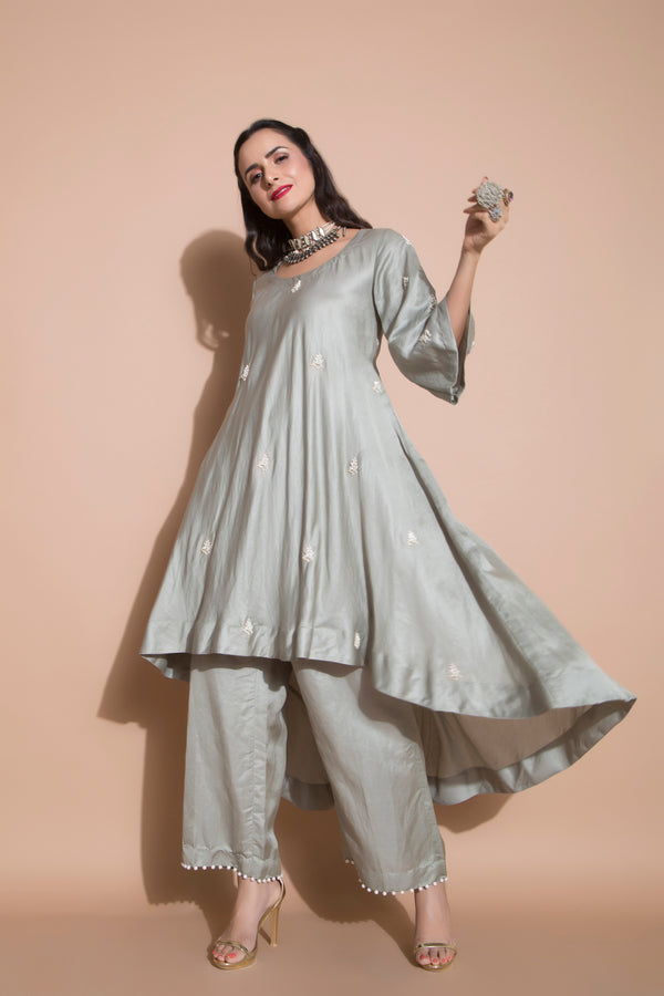 Linen Satin Kurta with Culottes and Organza Dupatta-Indian wear-Pallavi Jaipur