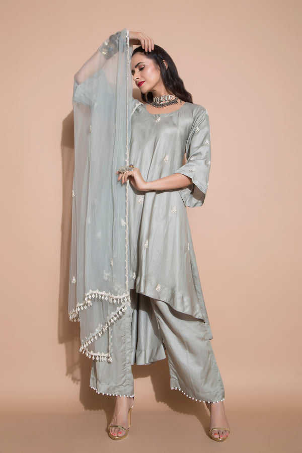 Linen Satin Kurta with Culottes and Organza Dupatta-Indian wear-Pallavi Jaipur