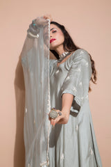 Linen Satin Kurta with Culottes and Organza Dupatta-Indian wear-Pallavi Jaipur