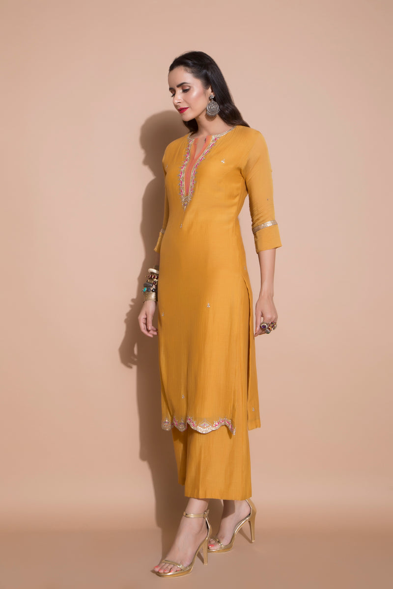 Mustard Embroidered Kurta Set-Indian wear-Pallavi Jaipur