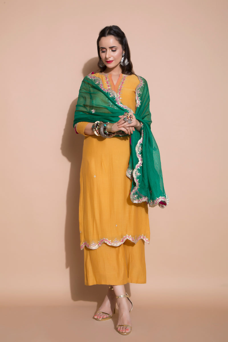 Mustard Embroidered Kurta Set-Indian wear-Pallavi Jaipur