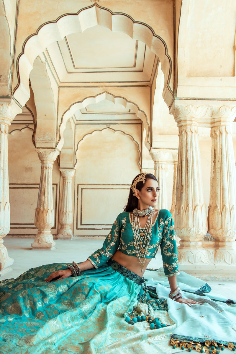 Ombre Sea green lehenga set-Indian wear-Pallavi Jaipur