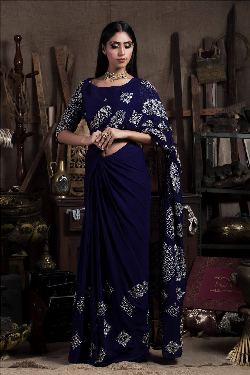 Aubergine Saree with Blouse-Indian wear-Pallavi Jaipur