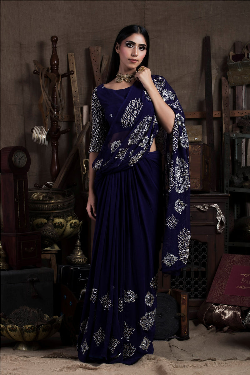 Aubergine Saree with Blouse-Indian wear-Pallavi Jaipur