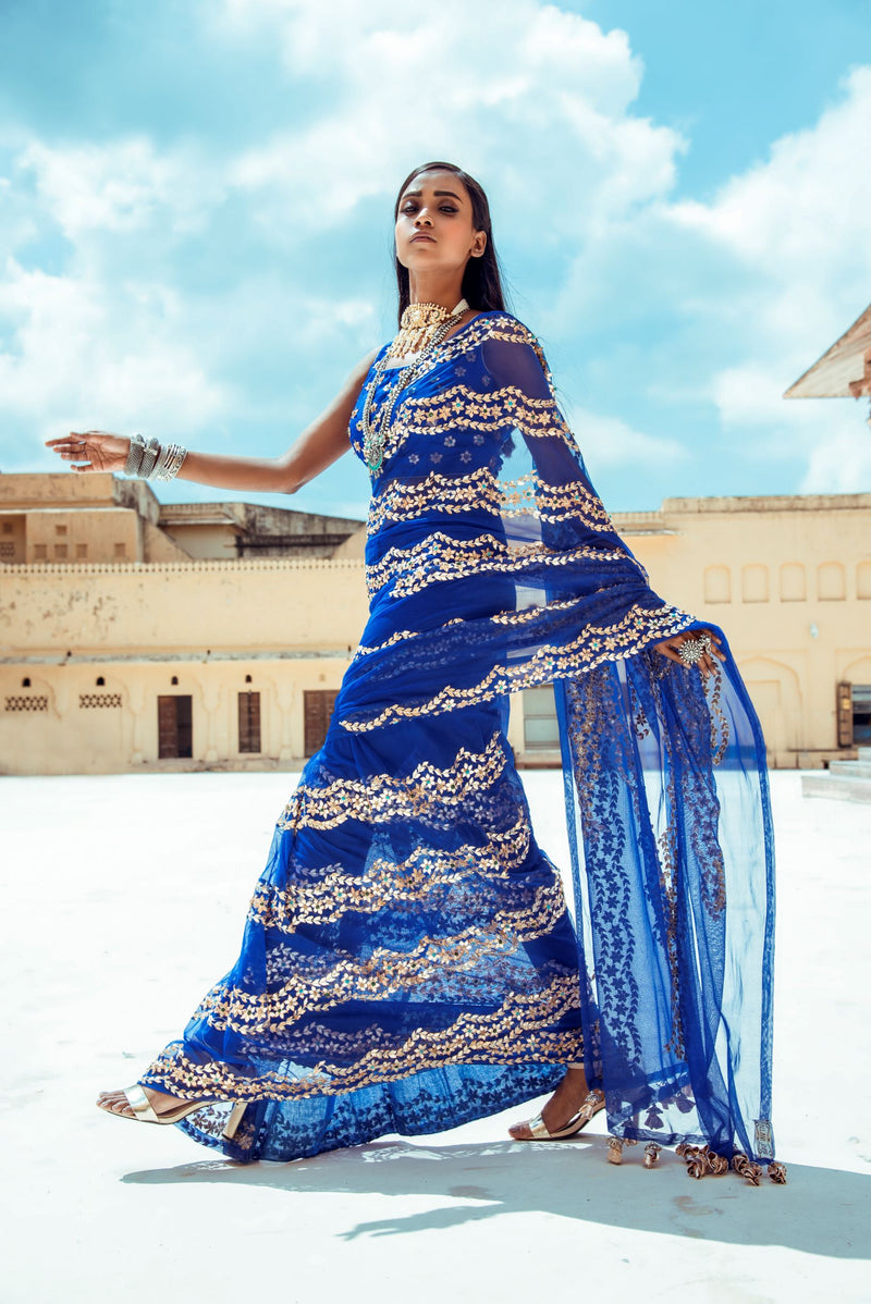 Royal Blue Scallop Silk Saree-Indian wear-Pallavi Jaipur
