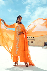 Saffron Orange Embroidered Kurta Set-Indian wear-Pallavi Jaipur