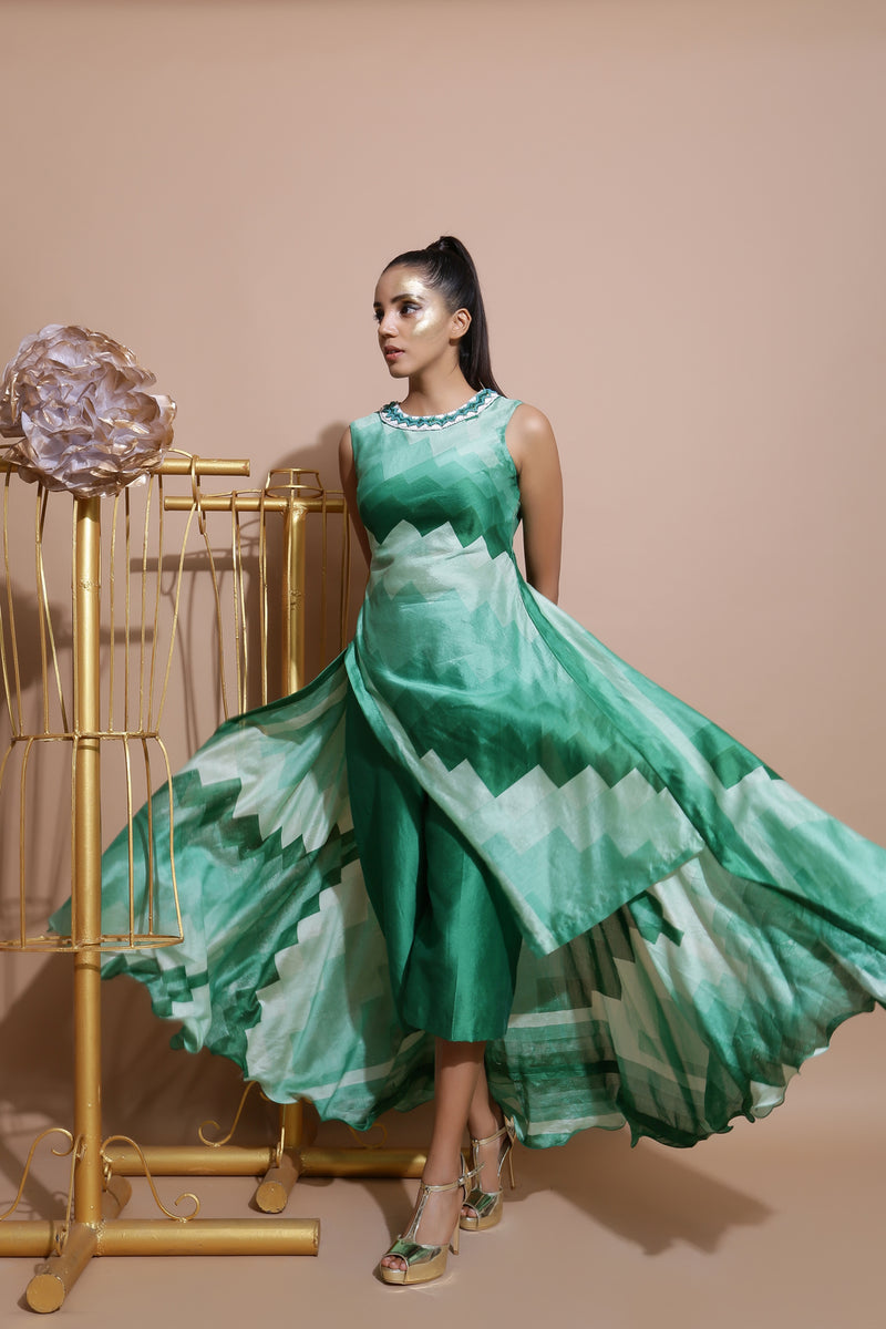 Green Asymmetric Top with short Culottes-Indo Western-Pallavi Jaipur