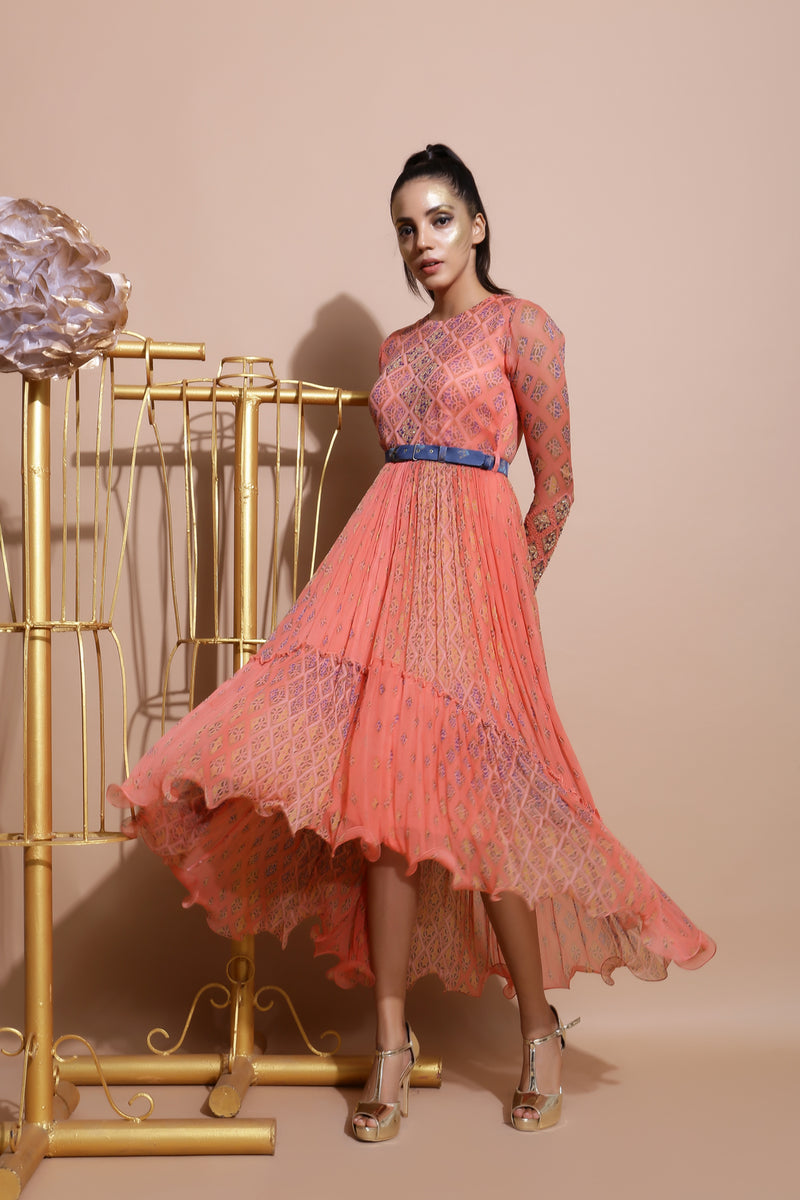 Salmon midi Dress with Printed Belt-Indo Western-Pallavi Jaipur