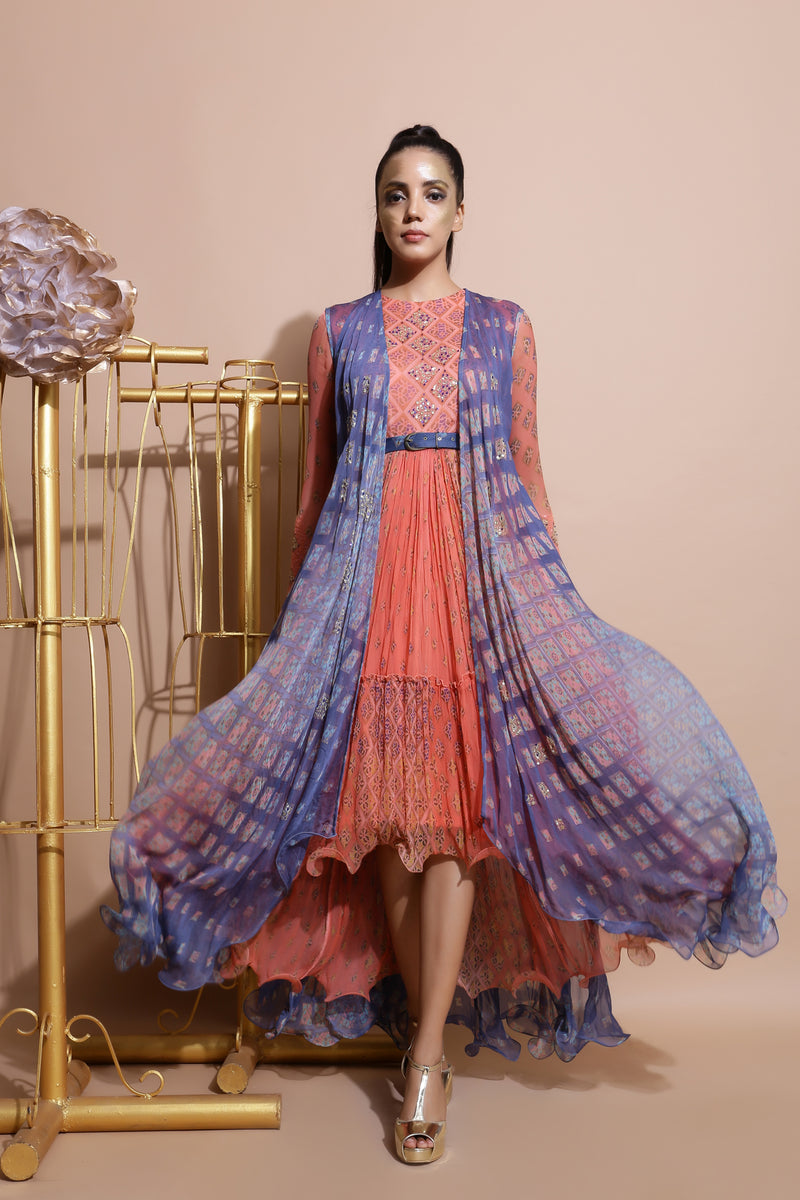 Salmon Midi Dress with Printed Cape and Belt-Indo Western-Pallavi Jaipur