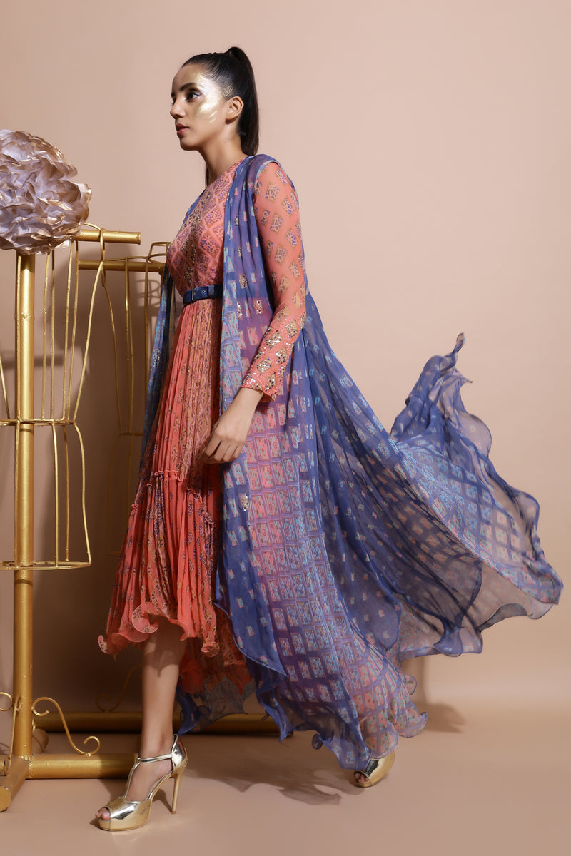 Salmon Midi Dress with Printed Cape and Belt-Indo Western-Pallavi Jaipur