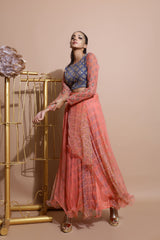 Indigo Blue Crop Top with Salmon Skirt-Indo Western-Pallavi Jaipur