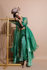 Green Printed Cape with Pants and Crop top-Indo Western-Pallavi Jaipur