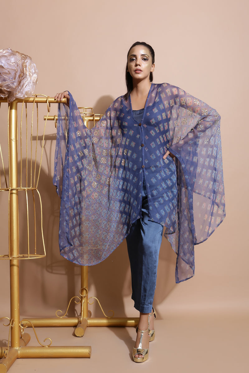 Indigo Blue Printed Cape with Pants and inner-Indo Western-Pallavi Jaipur