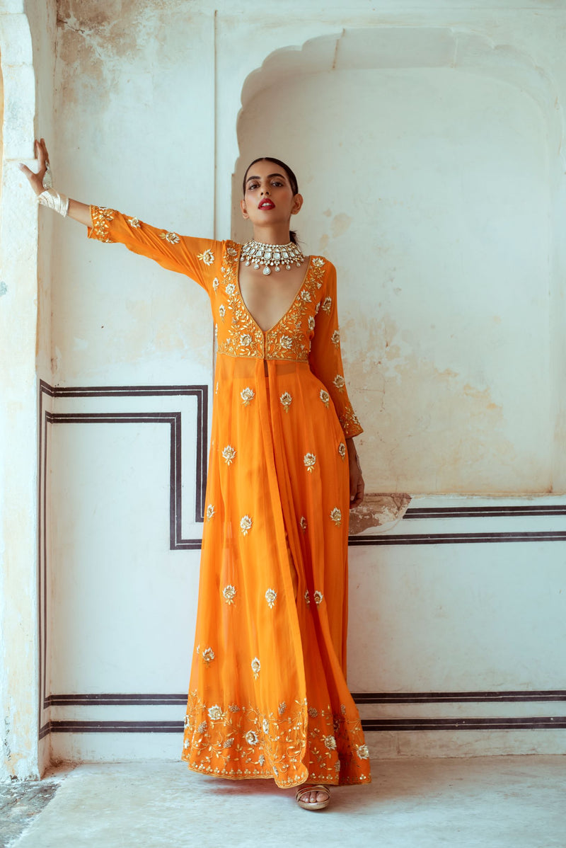 Orange V neck Kurta Set-Indian wear-Pallavi Jaipur