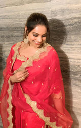 Bipasha Basu in Red Linen Satin Kurta Set