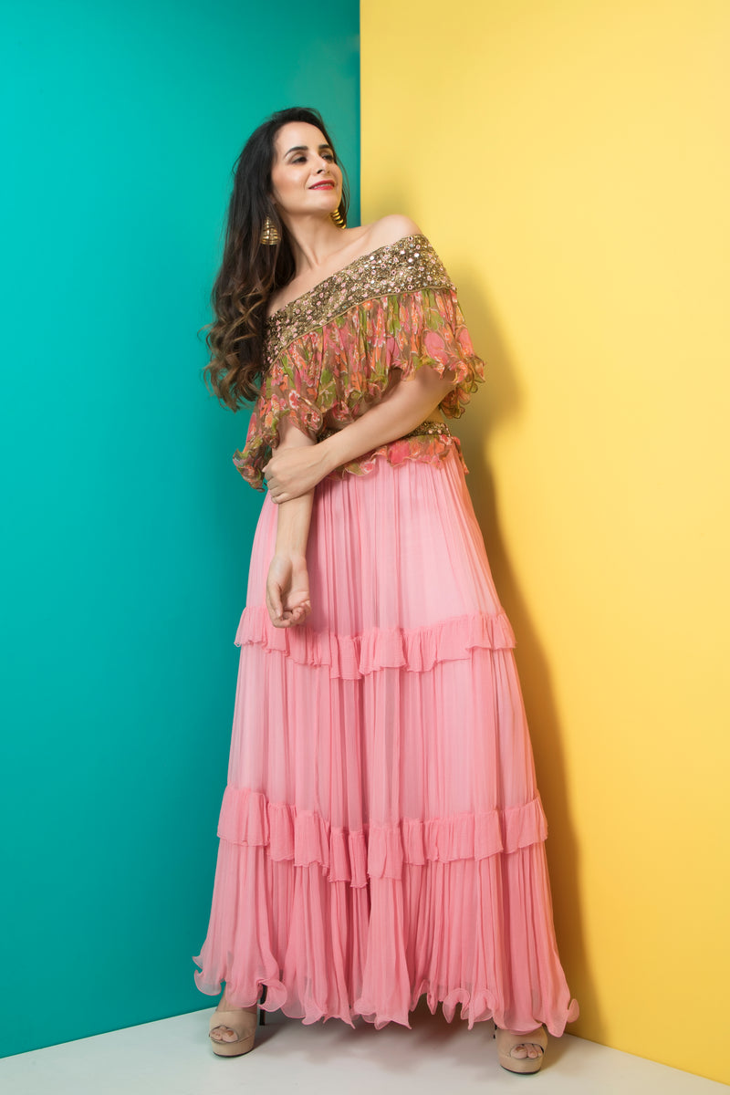 Pink sharara pants with off shoulder top-Indo Western-Pallavi Jaipur