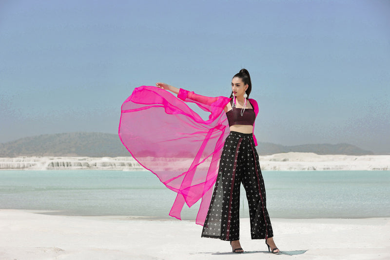 Ameera Hot Pink Sheer Jacket Flutter Pants Set