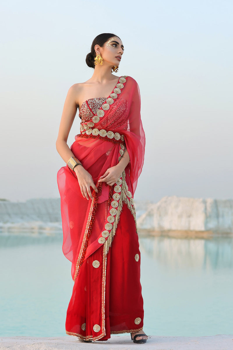 Ameera Rasp-Red Fusion Saree With Sitara Corset Set