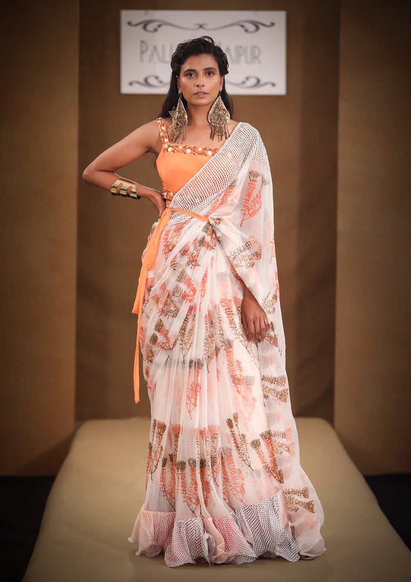 Haseen Almond Peach ruffle saree with Manohar blouse