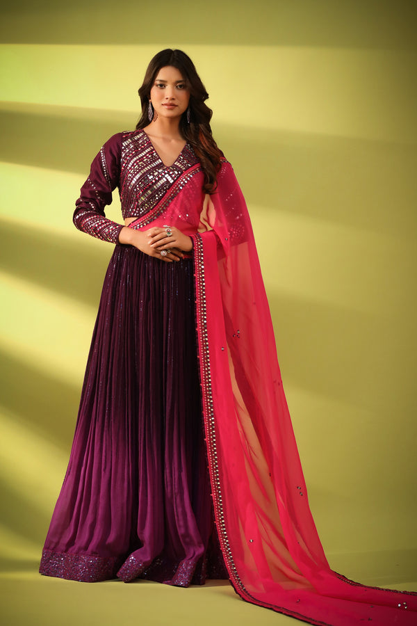 Haseena mirror work lehenga in shades of aubergine and purple