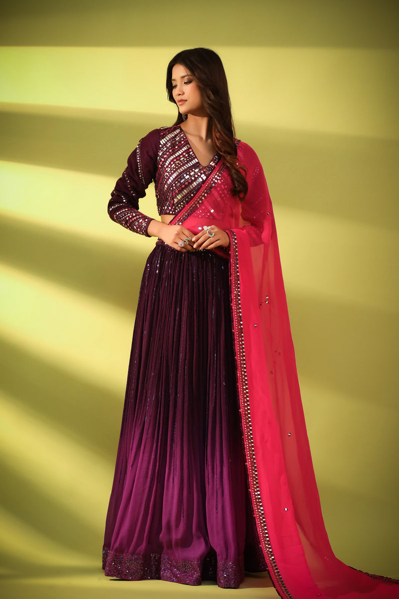 Haseena mirror work lehenga in shades of aubergine and purple