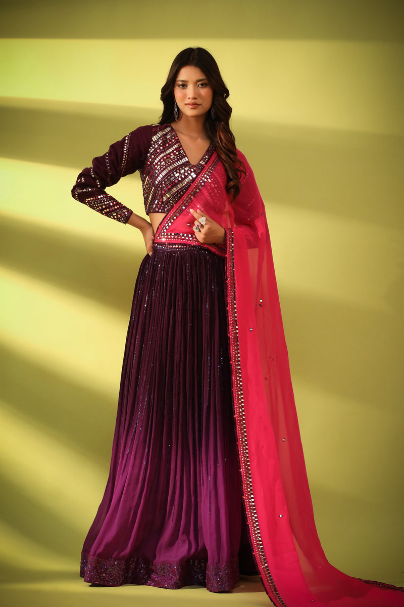 Haseena mirror work lehenga in shades of aubergine and purple