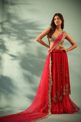 Haseena carmine red cutwork layer lehenga set